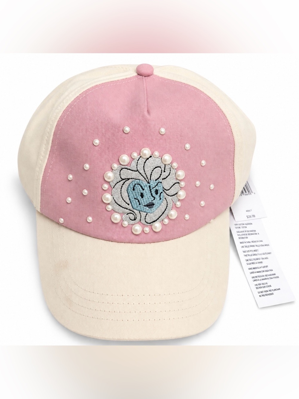 Pink and Cream Pearl-Embellished Floral Patch Baseball Cap